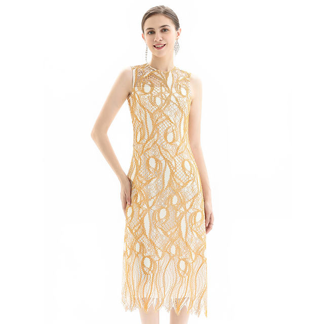 D098-1 Women fashion eyelash lace sleeveless straight-cut party midi dress