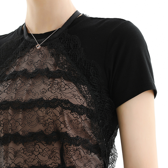 D073 Women Lace halter neck scallop trims ruffled detail tiered mini evening dress