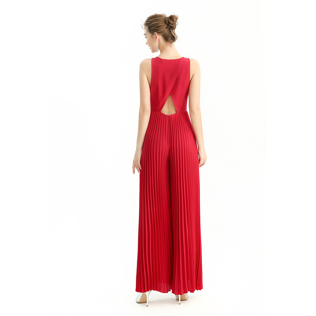 R196 Women Solid sleeveless sunburst pleated party jumpsuit