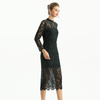 D088 Women Two-tone floral lace mock neck long sleeve slim fit midi party dress