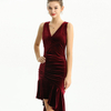 D169 Women Velvet knit v neck ruched-detail fluted asymmetric hem evening dress