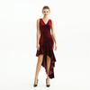 D169 Women Velvet knit v neck ruched-detail fluted asymmetric hem evening dress