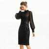 D124 Women sequin embellished organza mock neck long puff sleeves fitted midi evening dress