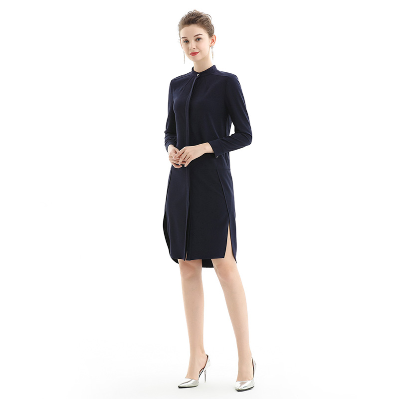 C053-1 Women Solid long sleeves band collar seam-detail midi shirt dress