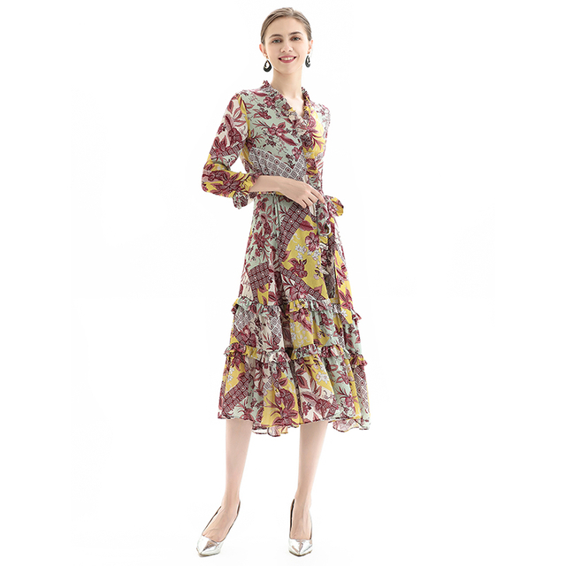 D083 Women floral print three-quarter sleeves ruffle detailing tiered midi wrap dress