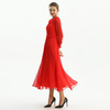 D084-2 Women Silk plissé chiffon three quarters sleeves ruffle detailed midi party dress