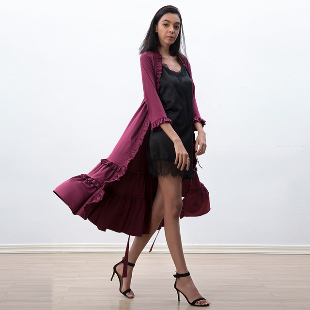 D083-2 Women Solid satin three quarters sleeves ruffle detailing tiered midi wrap dress