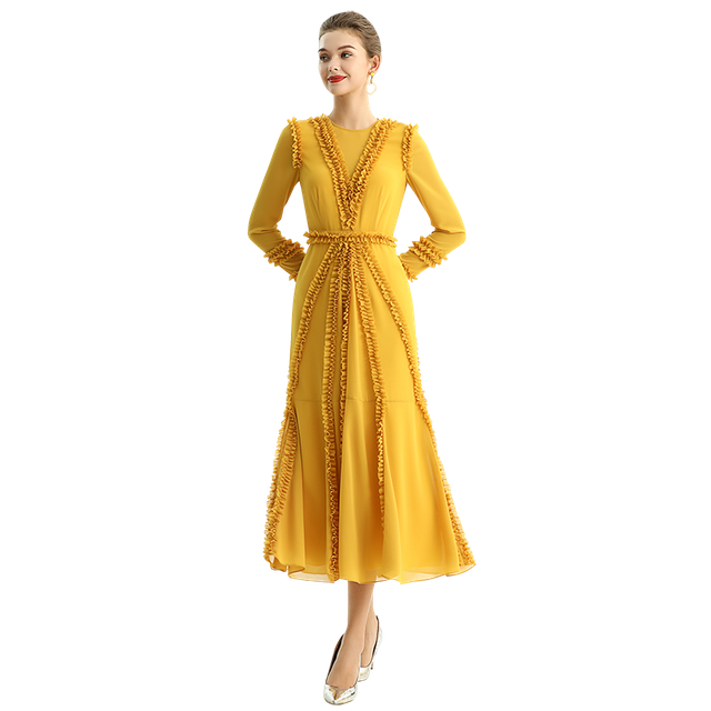 D084 Women Solid chiffon three quarters sleeves ruffle detailed midi party dress