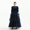 D193 Girls Velvet three-quarter puff sleeves tiered flared maxi tulle gown 
