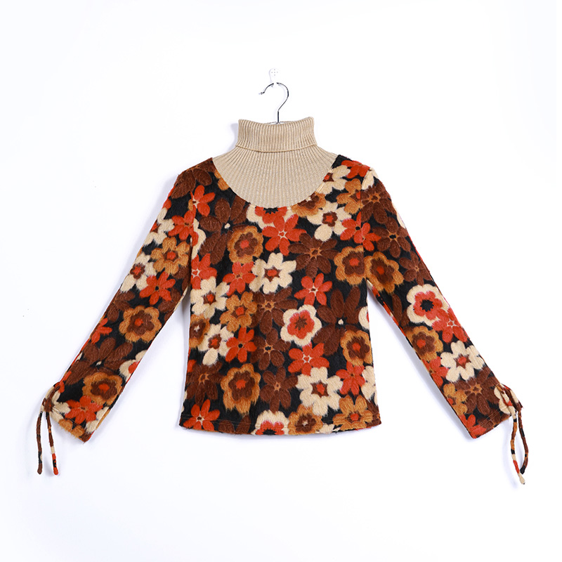 T246 Women Two-in-one flower jacquard-knit turtleneck long sleeves pullover tops