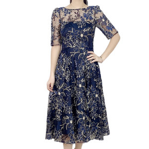 D175 Women All-over floral embroidered sequinned short sleeves flared midi evening dress
