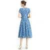 D062-8 Women 2-tone eyelet lace V neck cap sleeves flared midi evening dress