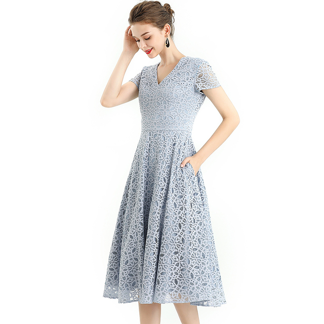 D062-4 Women medallion lace pattern V neck cap sleeves flared midi evening dress