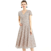 D062-3 Women 2-tone flower lace V neck cap sleeves flared midi evening dress