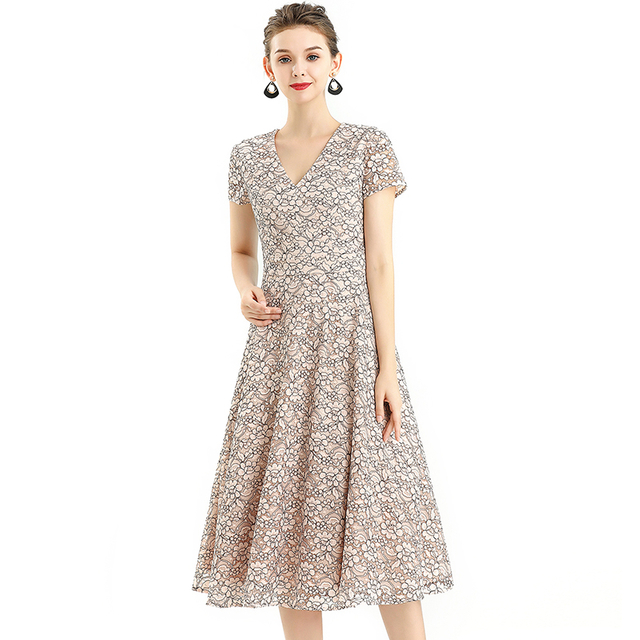 D062-3 Women 2-tone flower lace V neck cap sleeves flared midi evening dress