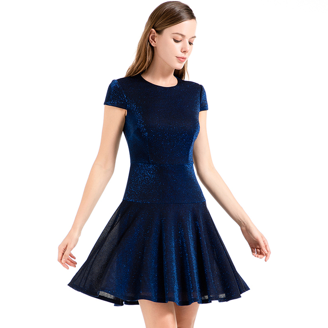 D025 Women Semi-sheer metallic knit round neck cap sleeves flared mini party dress