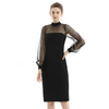 D030-1 Women Velvet mock neck long puff sleeves fitted midi party dress