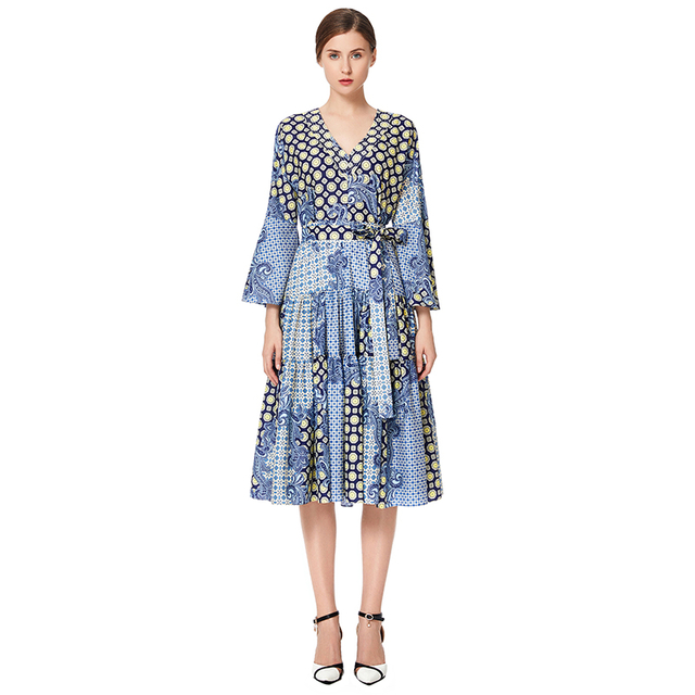 D051 Women Print polyester three-quarter sleeves tiered design midi dress