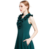 D004 Women Solid sleeveless ruched ruffle midi party dress