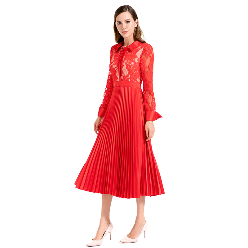 D017 Women Floral lace satin combo long sleeves shirt collar pleated midi party dress