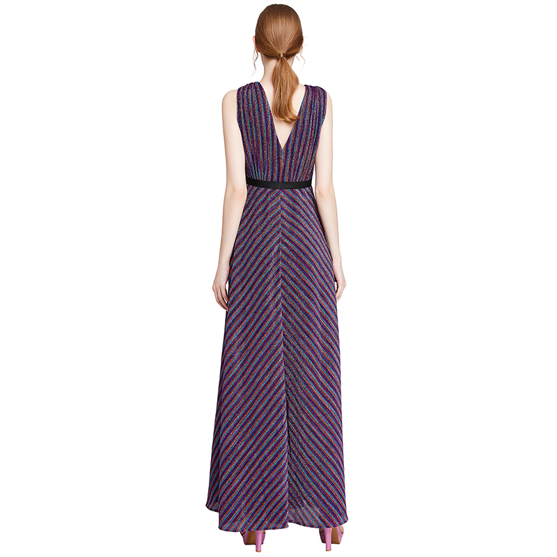 D014 Women Metallic knit V neck sleeveless pleated maxi evening dress