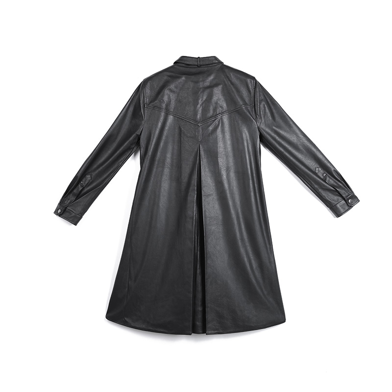 7C56 Women Faux leather band collar long sleeves A-shape midi shirt dress