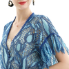 T064-4 Women 2-tone eyelet lace V neck flutter sleeve elasticated hem cropped blouse