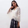 T183 Women Floral scallop lace Swiss-dot combo long sleeves braided trims evening blouse