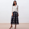 T183 Women Floral scallop lace Swiss-dot combo long sleeves braided trims evening blouse
