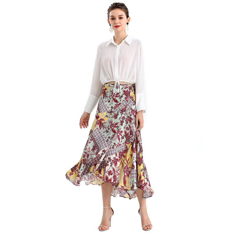 S070-2 Women Retro print wrap design panelled asymmetric casual midi skirt
