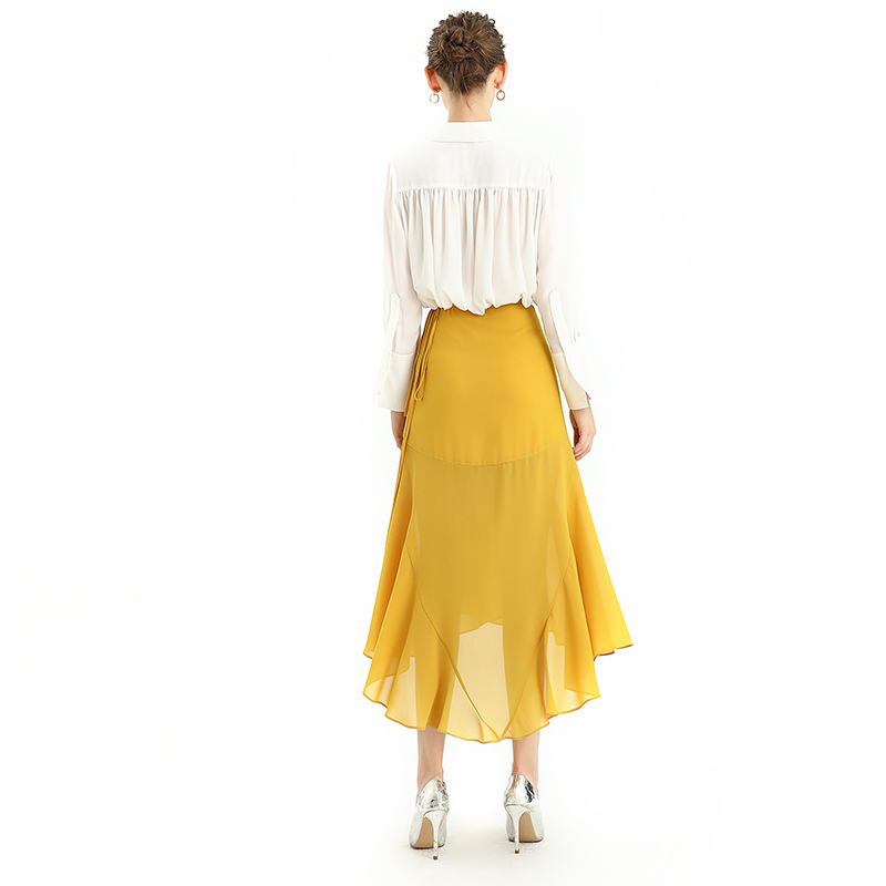 S070-3 Women Solid wrap design panelled asymmetric casual midi skirt