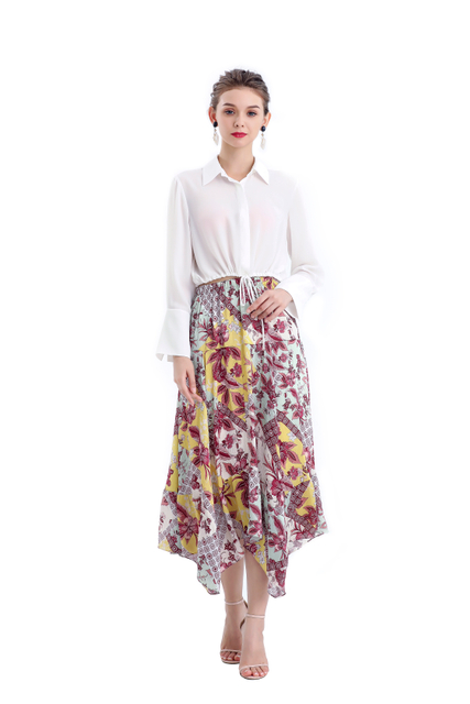 S068-5 Women Vintage print asymmetric panelled long flare handkerchief skirt