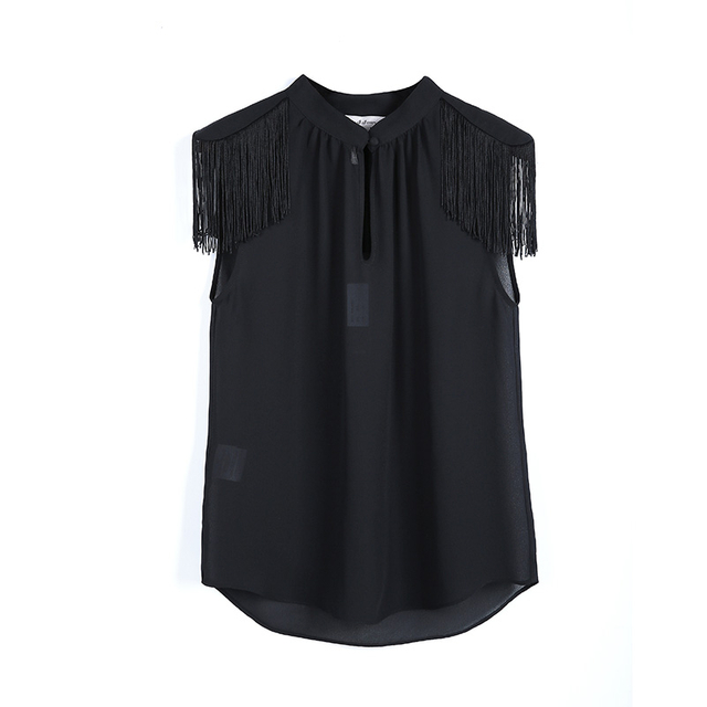F631 Women Solid chiffon fringed shoulder epaulettes sleeveless blouse