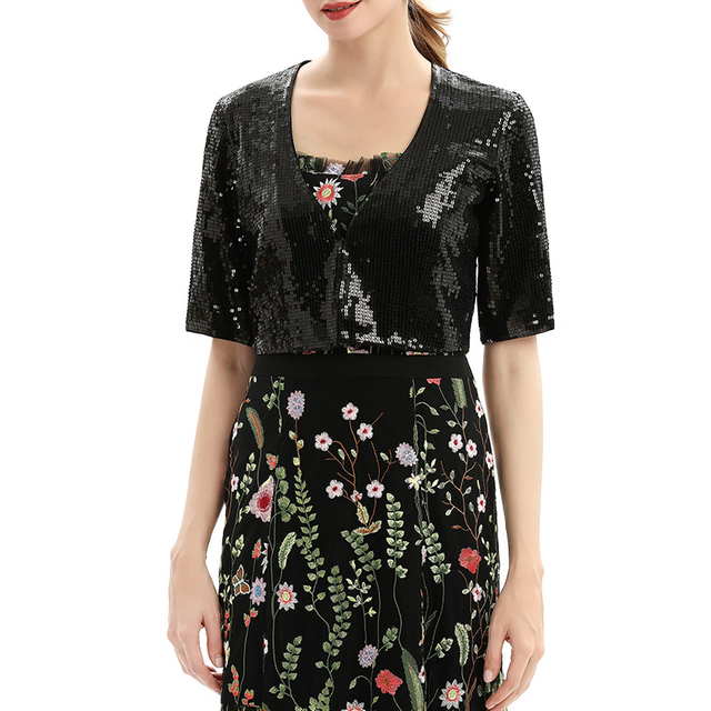 T046 Women Sequined chiffon jacket V-neck short sleeves cropped blouse jacket