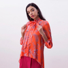 T058 Women Floral print lantern sleeves asymmetric hem neck tie shirt