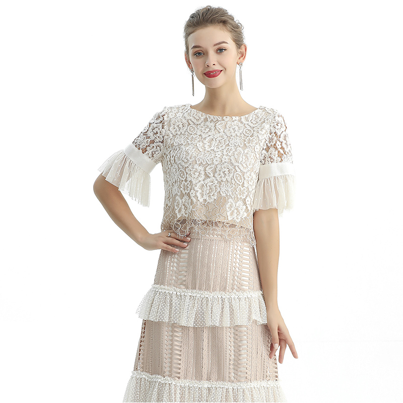 T122-2 Women 2-tone floral lace boat neck ruffled short sleeves blouse
