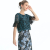 T122-1 Women 2-tone floral lace boat neck ruffled short sleeves blouse