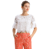 T122-3 Women Scallop floral lace Swiss-dot ruffled short sleeves blouse