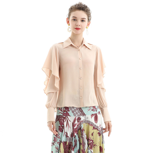 T067 Women Solid shirt collar ruffle cut-out long sleeves career blouse