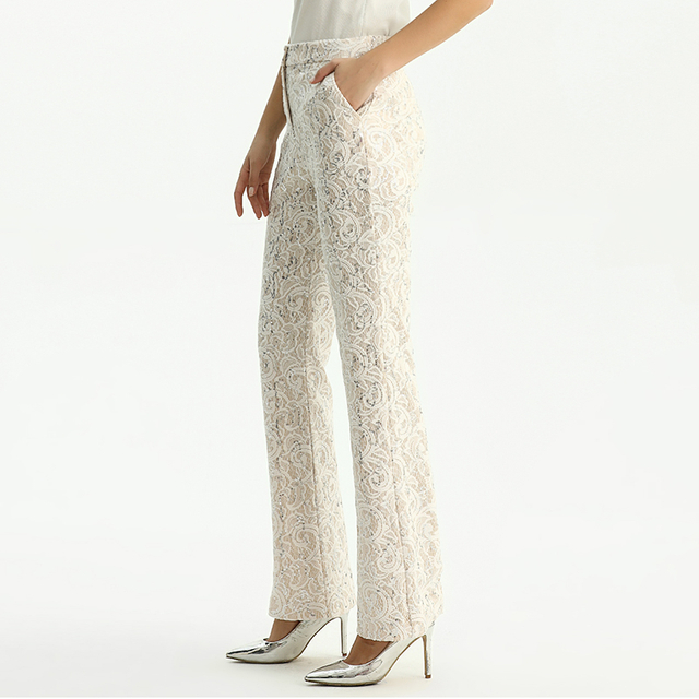  P147-3 Women Ivory lace bonded fabric mid-rise straight leg evening long pants