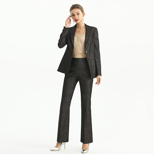 P147-4 Women Metallic jacquard mid-rise straight leg evening trousers