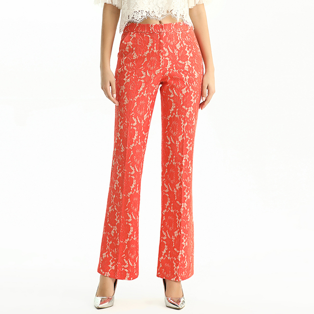 P147-1 Women Bonded floral lace mid-rise straight leg evening long pants.