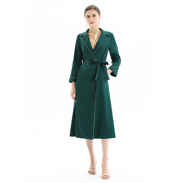 C096 Women Heavy satin long sleeves contrast piping long wrap coat