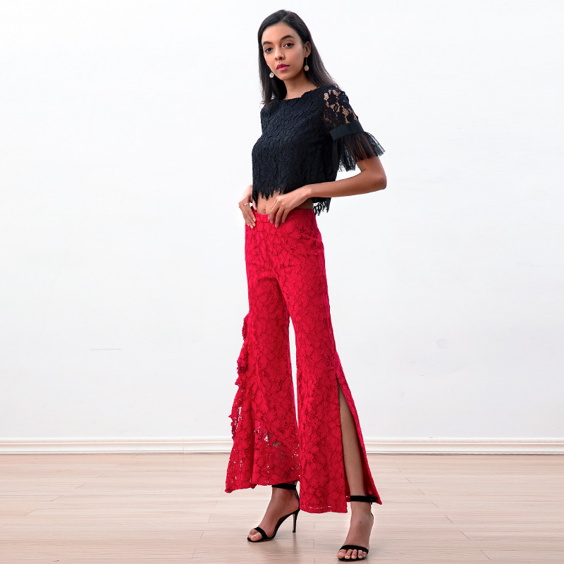 P219 Women All-over floral lace asymmetric cascading ruffles party pants