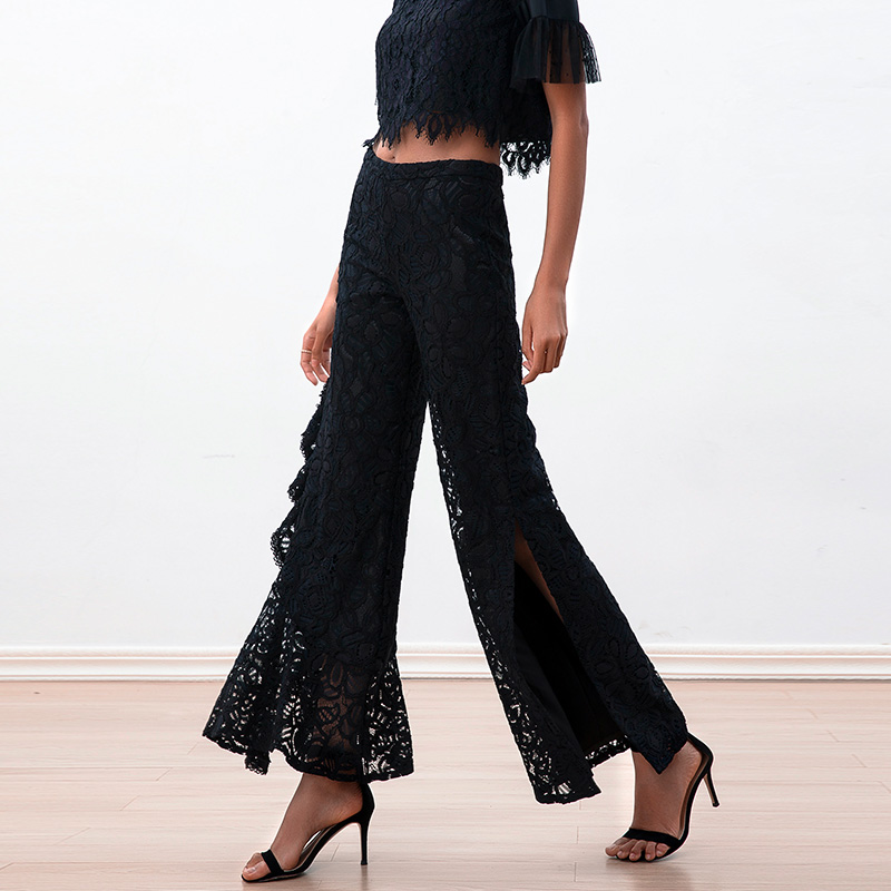 P219-1 Women Black floral lace asymmetric cascading ruffles party pants