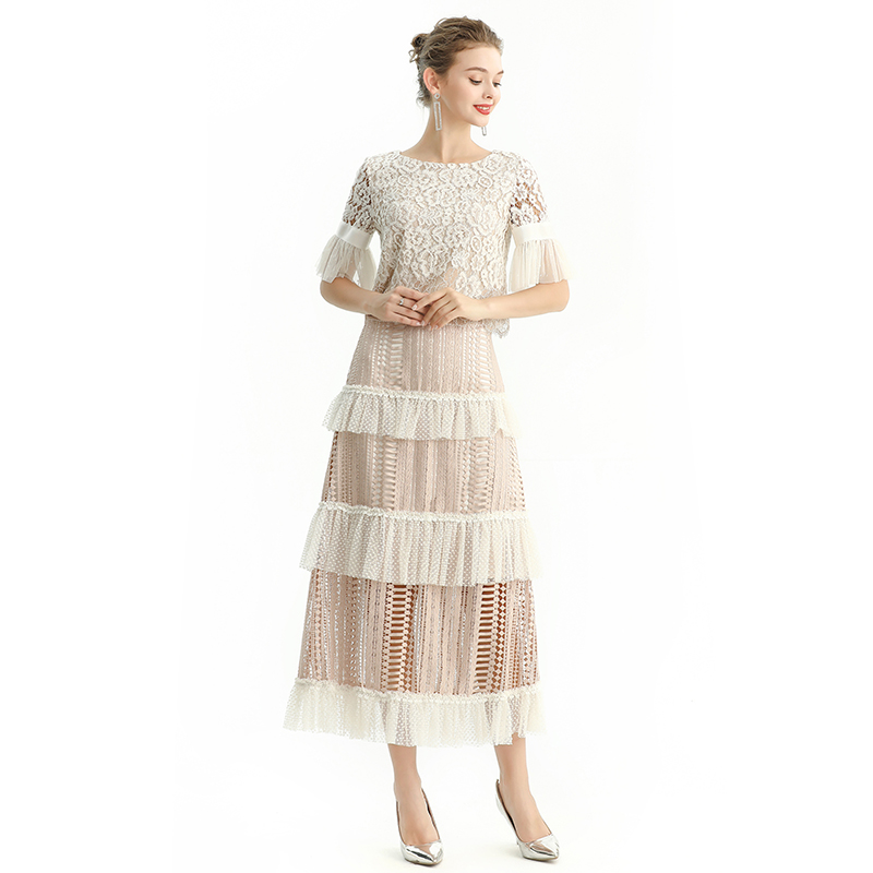 S149 Women Macramé lace-panel design Swiss dot tiered ruffle long skirt