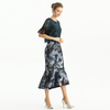 S168 Women Metallic floral jacquard trumpet ruffle hem mermaid midi skirt