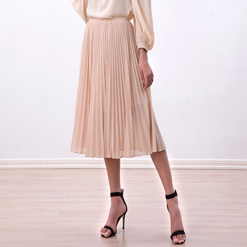 S176-1 Women Solid georgette full circle sunburst pleated midi casual skirt