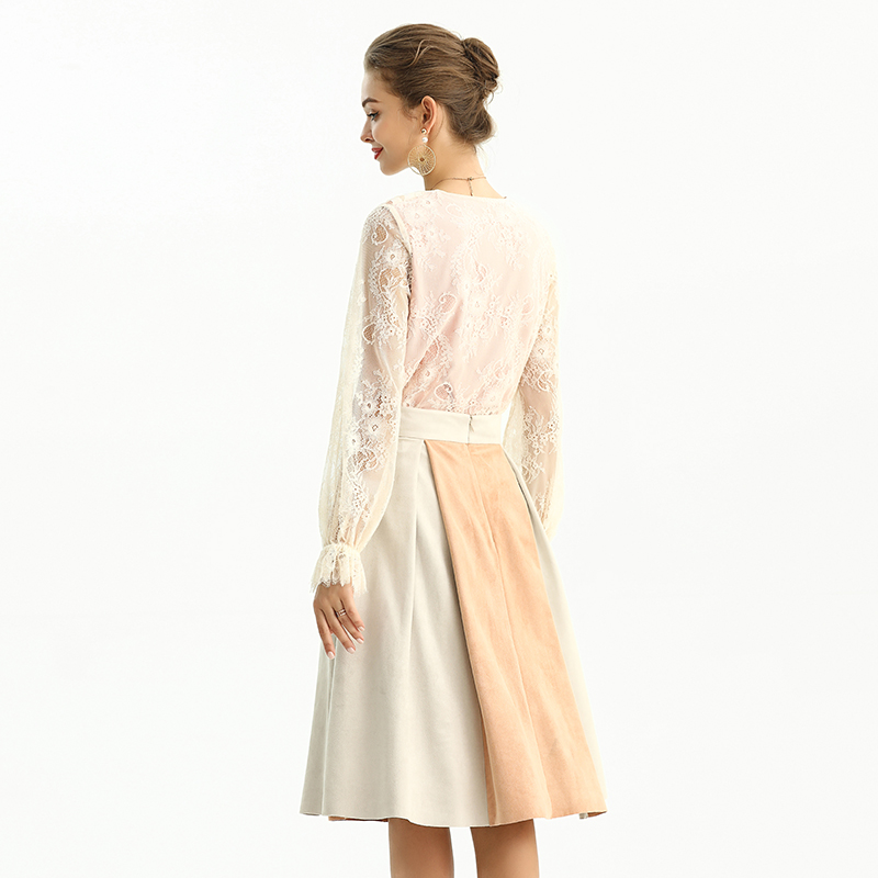 S136 Women Faux suede color-block inverted pleat A-line midi skirt