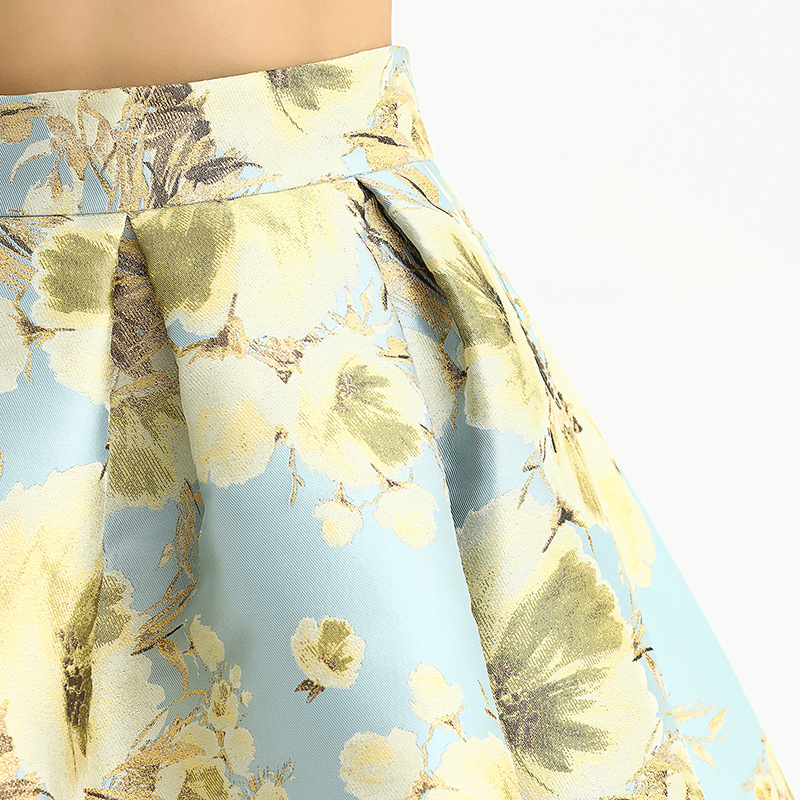 S137-2 Women Metallic floral jacquard inverted pleat A-line midi skirt